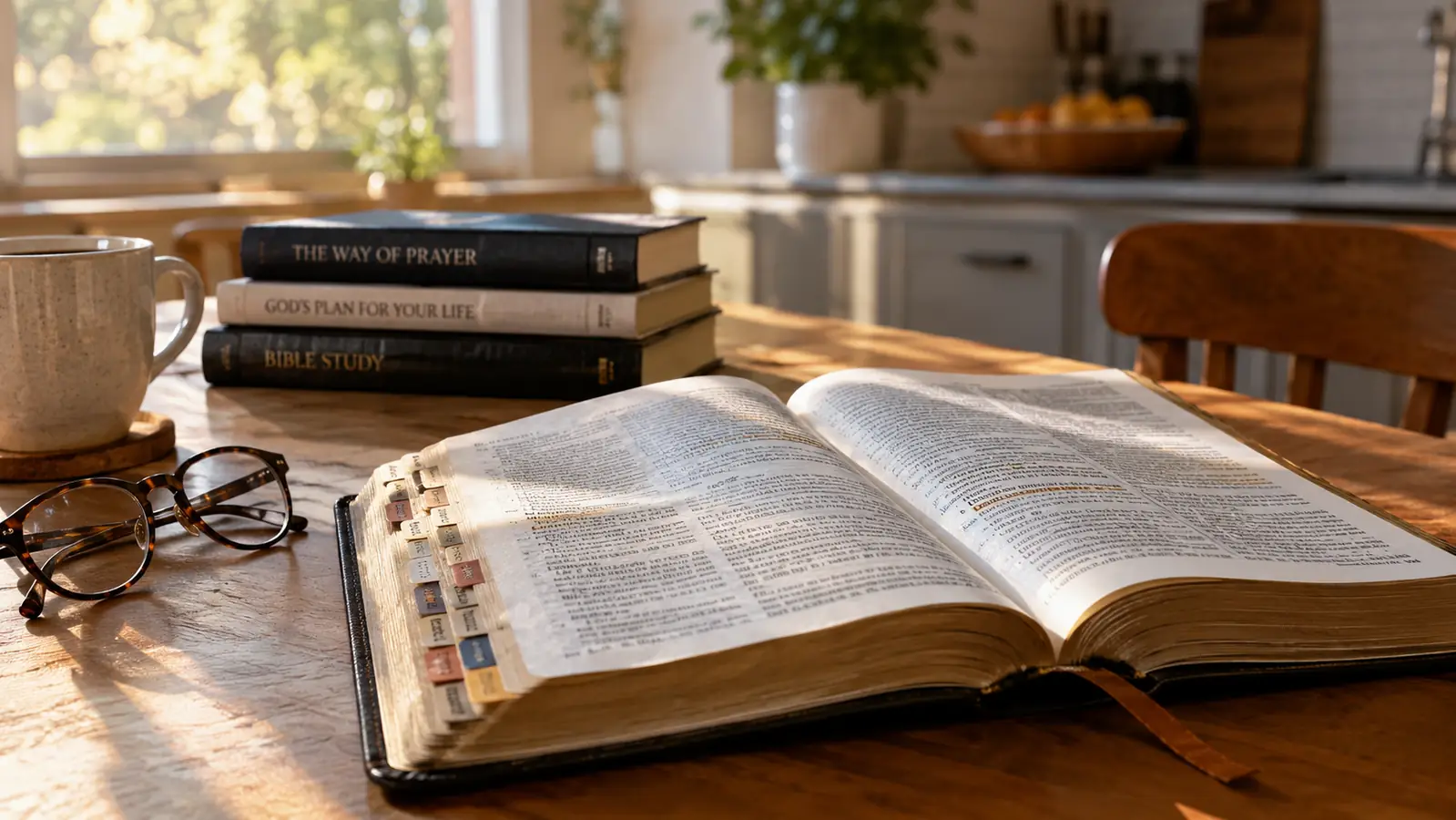 An open Bible with tabbed pages on a kitchen table beside reading glasses in warm afternoon light