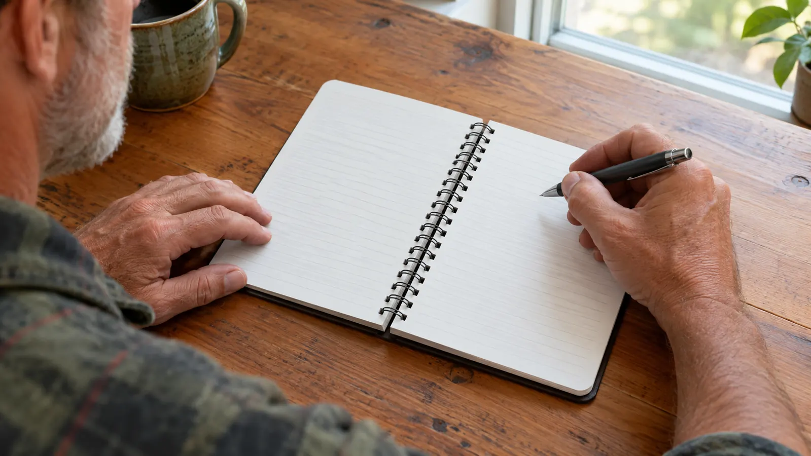 A hand holding a pen over an open spiral bound study journal with ruled lines on the page