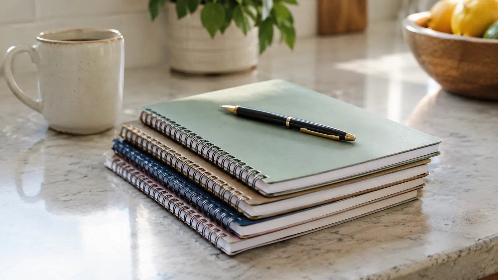 A stack of spiral bound notebooks with a pen resting on top on a kitchen counter