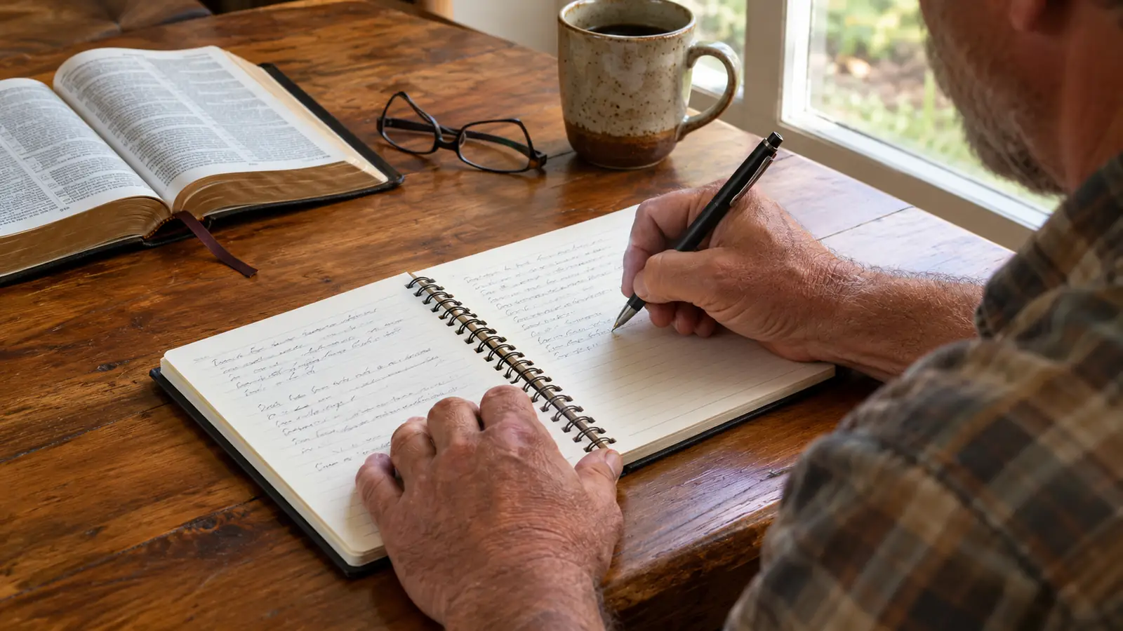 A hand writing in an open spiral-bound journal on a wooden table beside a Bible and reading glasses
