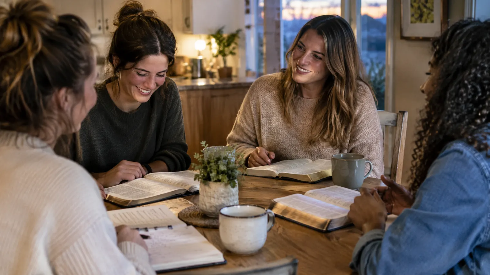 A small group of women gathered around a kitchen table with open Bibles and journals in the evening