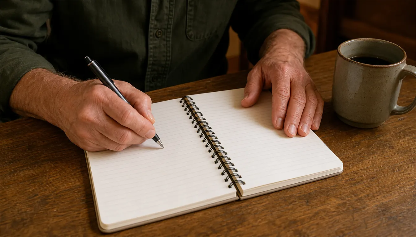A hand writing in a spiral-bound study notebook on a wooden table beside a coffee mug
