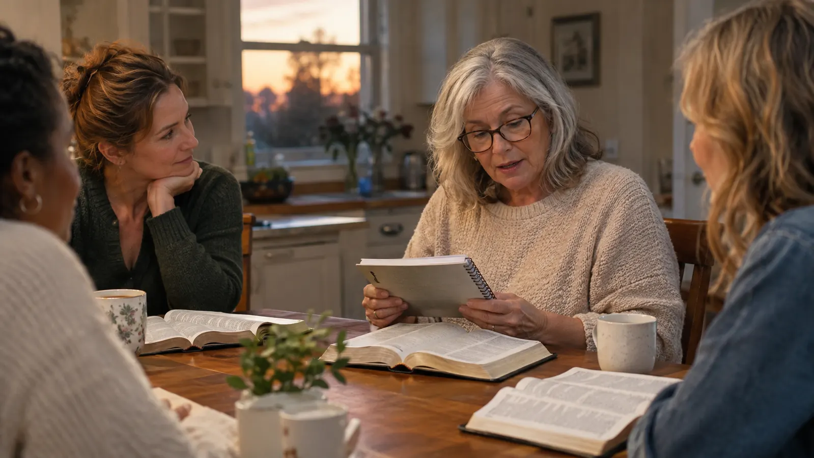 A woman in her sixties reading a notebook while a small group of women gather around a kitchen table