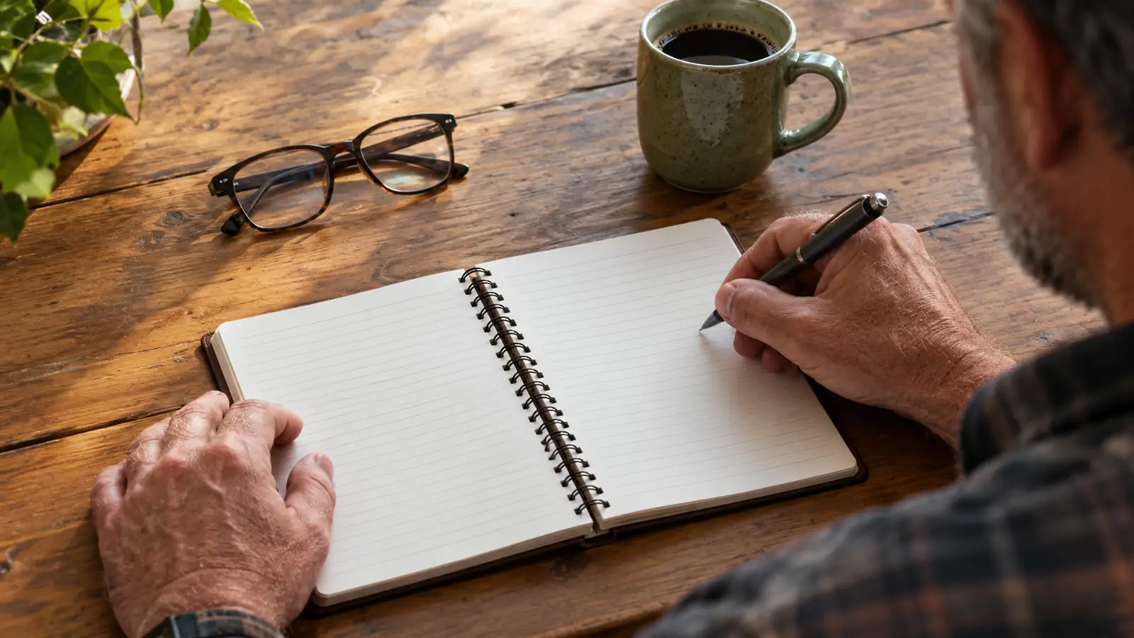 A hand writing in an open spiral-bound study journal on a wooden table with reading glasses nearby
