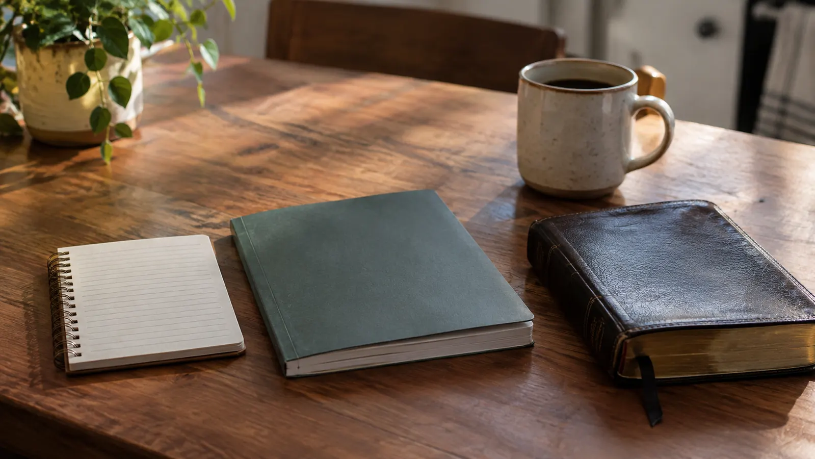 A small spiral-bound notebook and a larger softcover notebook side by side on a kitchen table with a Bible and coffee